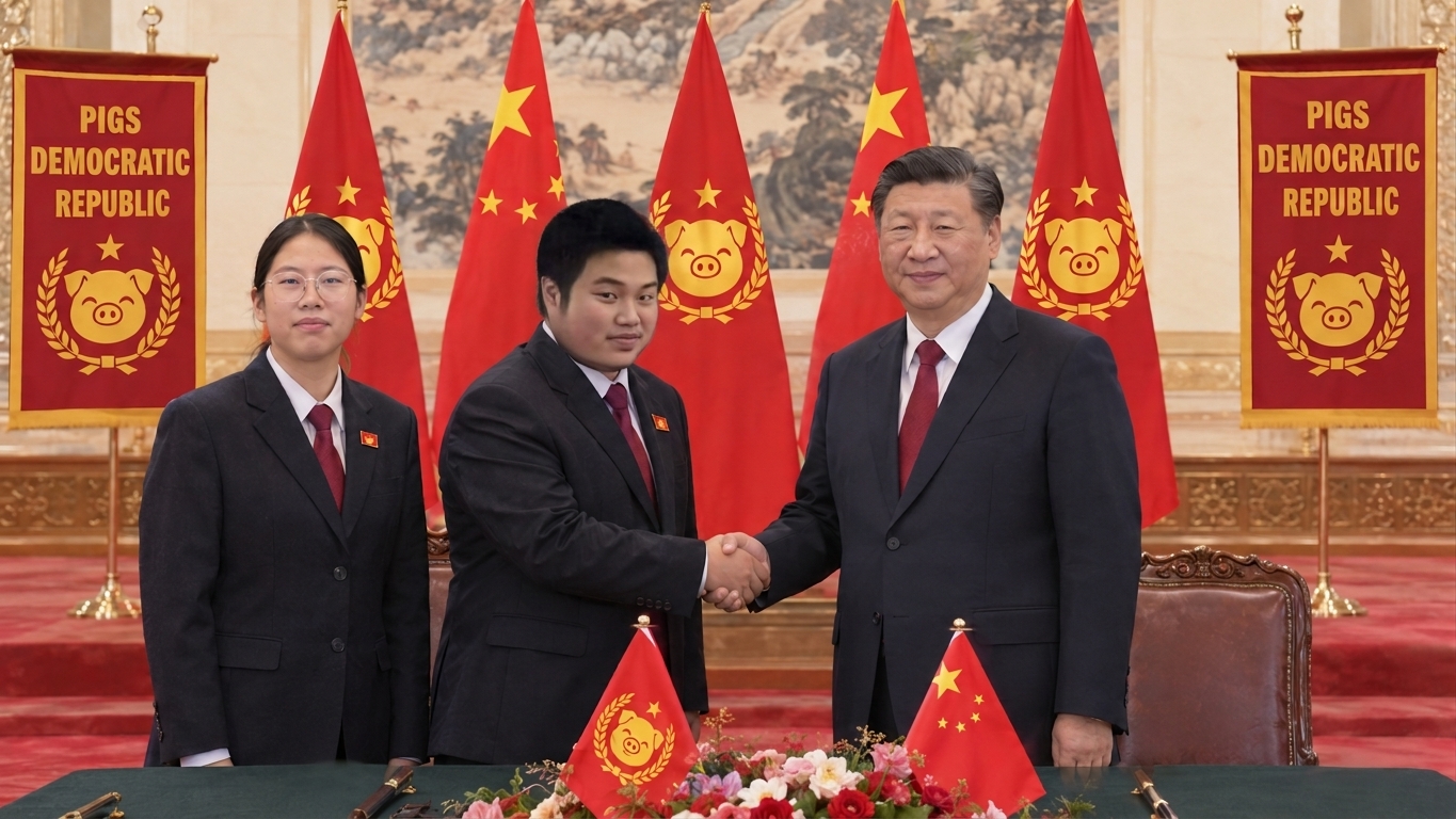 中华人民共和国与民主猪国正式建立外交关系，两国领导人举行历史性会晤